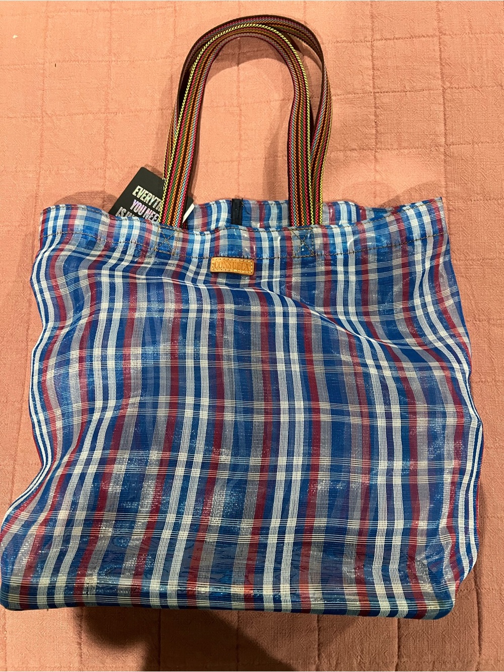 Consuela Blue White Red Striped Tote with Multicolor Webbed Handles